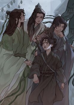 4boys architecture armor bindi brown_hair bun_cover chinese_clothes commentary djuney9 east_asian_architecture falling_leaves feet_out_of_frame folding_fan furrowed_brow green_eyes green_hanfu green_ribbon grey_eyes grey_hanfu hair_bun hand_fan hand_on_own_face hanfu headband high_ponytail highres jian_(weapon) lantern leaf liu_qingge long_hair long_sleeves looking_at_another looking_to_the_side male_focus mole mole_under_eye mu_qingfang multiple_boys open_mouth outdoors paper_lantern ponytail renzha_fanpai_zijiu_xitong ribbon ribboned_xiao_guan shen_qingqiu shoulder_armor standing sword symbol-only_commentary tassel walking weapon white_hanfu wide_sleeves wuxia xiao_guan_(headdress) yang_yixuan