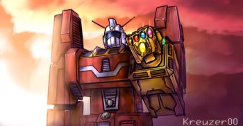1980s_(style) avengers_(series) clenched_hand cloud crossover densetsu_kyojin_ideon evening highres ideon infinity_gauntlet kreuzer00 marvel mecha no_humans oldschool outdoors parody retro_artstyle robot sky solo standing sunset super_robot