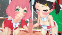 1boy 2girls 3d age_difference all_fours animated anya_(spy_x_family) becky_blackbell black_hair blush closed_mouth cooperative_handjob detached_collar flat_chest green_eyes grey_eyes hair_ornament hairclip handjob highres indoors koikatsu_(medium) loli lolianon_(pixiv93529273) looking_at_viewer multiple_girls penis pink_hair pov pov_crotch santa_costume scrunchie short_hair short_twintails smile sound spaghetti_strap spy_x_family star_(symbol) star_hair_ornament teamwork_(sexual) thighs twintails video