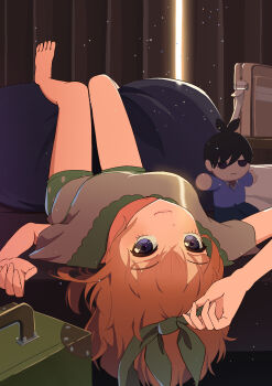 1girl absurdres barefoot blue_eyes character_doll closed_mouth commentary_request doll full_body go-toubun_no_hanayome green_ribbon green_shorts hair_ribbon hands_up highres indoors legs_up lying nakano_yotsuba on_back orange_hair ribbon short_hair short_shorts shorts solo uesugi_fuutarou yasuba_yuichi