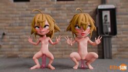 2girls 3d ahegao ahoge animated artist_name barefoot blonde_hair brick_wall clenched_teeth clone completely_nude dildo dildo_riding double_v feet female_focus flat_chest full_body groin hair_between_eyes highres kitrosun loli looping_animation masturbation multiple_girls navel nipples nude object_insertion outdoors prolapse pussy rolling_eyes sex_toy short_hair sound spread_legs tanya_degurechaff teeth thighs tiptoes toes tomboy tongue tongue_out uncensored v vaginal vaginal_object_insertion video youjo_senki