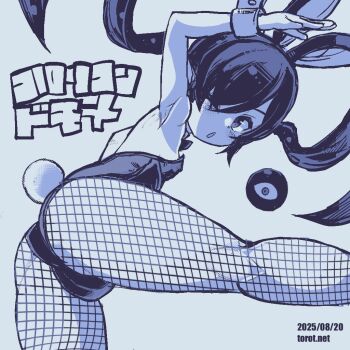 1girl animal_ears arm_up armpits ass backbeako_(torotei) backbeard blue_background blue_theme blush breasts commentary dated dated_commentary detached_collar dutch_angle fake_animal_ears fake_tail fishnet_pantyhose fishnets from_behind gegege_no_kitarou hair_over_one_eye kneepits kono_lolicon_domome leotard loli long_hair looking_at_viewer looking_back monochrome one_eye_closed open_mouth original paid_reward_available pantyhose playboy_bunny pointy_ears rabbit_ears rabbit_tail simple_background small_breasts solo strapless strapless_leotard tail torotei translated twintails very_long_hair watermark web_address wrist_cuffs