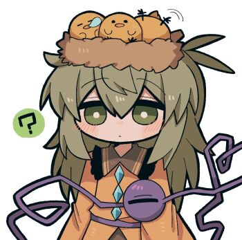 1girl ? animal animal_on_head baby_animal bird blush bright_pupils buttons chick collared_shirt diamond_(shape) diamond_button feathers frilled_shirt frilled_shirt_collar frills green_eyes green_hair green_skirt hair_between_eyes komeiji_koishi long_hair long_sleeves nest nest_on_head on_head bad_tag shirt simple_background skirt sleeping solo speech_bubble third_eye touhou white_background white_pupils yellow_feathers yellow_shirt zunusama