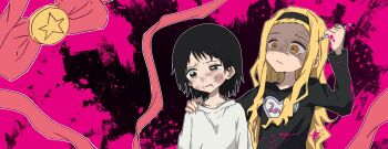 2girls black_eyes black_hair blonde_hair bruise crying daikon_keroi highres injury kirarazaka_marina kuze_shizuka long_hair multiple_girls pen shirt short_hair t-shirt takopii_no_genzai yellow_eyes
