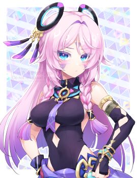 1girl black_leotard blue_eyes border braid braided_sidelocks breasts citlali_(genshin_impact) clothing_cutout commentary_request facial_mark floating_headgear frown genshin_impact gradient_hair hair_ornament hands_on_own_hips headgear highres hip_vent leotard looking_at_viewer medium_breasts multicolored_hair necktie pink_hair pink_pupils purple_background purple_hair purple_necktie ring_hair_ornament solo thistle_lapis triangle triangle_facial_mark upper_body watermark
