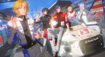 5boys absurdres ahoge alkaid_mcgrath alternate_costume aqua_eyes ayn_alwyn belt black_gloves black_hair black_shirt black_socks blonde_hair blue_eyes blue_hair blue_jacket cael_anselm car chinese_commentary clarence_clayden closed_mouth clothes_around_waist compression_shirt confetti cowboy_shot curtained_hair day expressionless feet_out_of_frame foot_out_of_frame glasses gloves green_eyes hair_between_eyes hand_up helmet highres holding holding_unworn_helmet jacket jacket_around_waist knee_up lars_rorschach light_particles long_hair long_hair_between_eyes long_sleeves looking_at_viewer lovebrush_chronicles male_focus medium_hair mole mole_under_eye motor_vehicle multicolored_jacket multiple_boys on_car open_clothes open_jacket outdoors pants parted_bangs parted_lips purple_eyes race_vehicle racetrack racing_suit red_eyes red_jacket red_shoes salute shirt shoes short_hair short_sleeves sitting sleeves_rolled_up smile sneakers socks sports_car ssang721 standing truss tucking_hair turtleneck turtleneck_shirt two-finger_salute two-tone_jacket unworn_headwear unworn_helmet upper_body vehicle_request very_long_hair white_belt white_hair white_jacket white_pants white_racing_suit zipper zipper_pull_tab