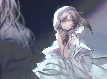 2girls animal_ears arknights bare_shoulders brown_hair colored_tips commentary_request dark_background dress fumi_(rdbm) grey_eyes hierda_(arknights) highres hood hood_up hooded_dress light_particles multicolored_hair multiple_girls partial_commentary priestess_(arknights) rabbit_ears rabbit_girl solo_focus white_dress