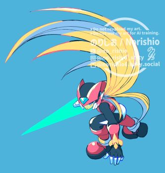Rule 34 | 1boy, android, armor, blonde hair, blue background, energy sword, forehead jewel, full body, helmet, highres, long hair, mega man (series), mega man zero (series), no-rishio, red armor, red helmet, simple background, solo, sword, weapon, z saber, zero(z) (mega man), zero (mega man)