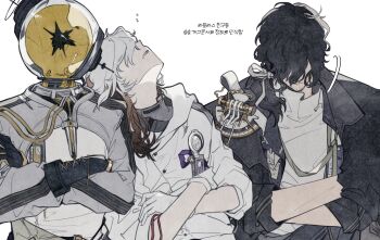 Rule 34 | 1other, 2boys, black coat, black gloves, brown hair, coat, colored tips, covered eyes, crossed arms, enigma (reverse:1999), ferrofluid, fishbowl helmet, gloves, hair over eyes, head down, highres, id card, jumpsuit, korean text, leaning on person, low ponytail, medicine pocket, multicolored hair, multiple boys, object head, ponytail, reverse:1999, shirt, short hair, side-by-side, sleeping, sleeping on person, sleeping upright, translation request, ulrich (reverse:1999), upper body, white background, white coat, white gloves, white hair, white jumpsuit, white shirt, yayaho, zzz