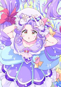 1girl absurdres air_bubble bow brooch bubble choker commentary cure_coral dress earrings facial_mark fingerless_gloves frilled_dress frills frown gloves hair_bow hat hat_bow heart heart_facial_mark highres index_fingers_together jewelry keijirou_(mukunozaltusou) long_hair looking_at_viewer low_twintails magical_girl medium_dress orange_eyes pouch precure purple_dress purple_hair purple_sailor_collar red_bow sailor_collar sailor_hat shell_brooch sleeveless sleeveless_dress solo suzumura_sango tropical-rouge!_precure twintails underwater very_long_hair white_hat yellow_bow