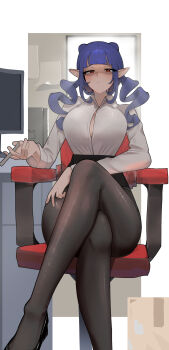 absurdres azz0422 black_pantyhose blue_hair breasts chair cleavage collared_shirt computer crossed_legs dizzy_dokuro double_bun hair_bun highres large_breasts long_hair monitor office_chair office_lady on_chair pantyhose phase_connect pointy_ears red_eyes shirt swivel_chair virtual_youtuber white_shirt