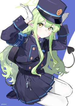 1girl absurdres armband arms_up artist_name belt black_belt black_hat black_jacket black_skirt black_tail blue_archive blue_armband buttons closed_mouth commentary demon_tail double-breasted full_body gloves gohanduck green_hair green_halo halo hat highres hikari_(blue_archive) jacket light_blush long_hair long_sleeves looking_at_viewer miniskirt pantyhose peaked_cap pleated_skirt pointy_ears signature skirt solo strap tail white_gloves white_pantyhose yellow_eyes