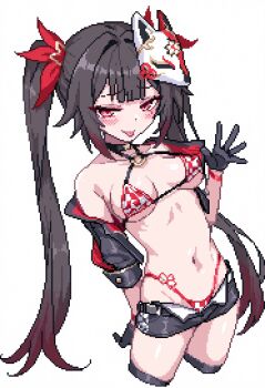 1girl :p bikini black_gloves blush breasts fox_mask gloves highres honkai:_star_rail honkai_(series) long_hair looking_at_viewer mask mihoyo naughty_face navel red_eyes shimamuraa11451 solo sparkle_(honkai:_star_rail) swimsuit tongue tongue_out