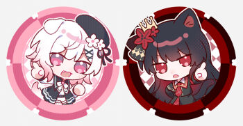 Rule 34 | 2girls, :d, animal ears, beret, black hair, black hat, black jacket, black shirt, black skirt, cat ears, cat girl, cat tail, chibi, chibi only, collared shirt, crown, dog ears, dog girl, dog tail, fang, flower, gradient hair, hair flower, hair ornament, hashtag-only commentary, hat, jacket, long hair, looking at viewer, mahou shoujo no majo saiban, multicolored hair, multiple girls, nikaido hiro, open mouth, pink eyes, pink hair, pointing, pointing at viewer, red eyes, sakuraba ema, shirt, short hair, skirt, smile, tail, touming jun, white hair, x hair ornament