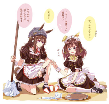 2girls absurdres alternate_costume animal_ears beanie blush breasts brown_hair buena_vista_(umamusume) closed_mouth commentary_request crying crying_with_eyes_open hat highres horse_ears horse_girl horse_tail kneeling long_hair maid mop morizu929 multiple_girls nakayama_festa_(umamusume) purple_eyes sweatdrop tail tears translation_request tray umamusume waitress white_background