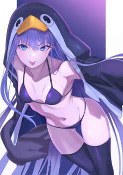 1girl absurdres armpits bare_shoulders bikini blue_eyes breasts collarbone fate/grand_order fate_(series) feet_out_of_frame from_above hair_ribbon highres hip_bones kuro_chibe long_hair looking_at_viewer meltryllis_(fate) micro_bikini narrow_waist navel out_of_frame purple_hair ribbon selfie small_breasts solo swimsuit thigh_gap thighhighs thighs tongue tongue_out type-moon very_long_hair wispy_bangs