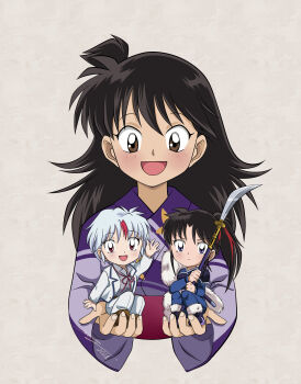 Rule 34 | 3girls, absurdres, brown eyes, brown hair, chandllucky, chibi, commentary, english commentary, han'you no yashahime, highres, higurashi towa, holding, inuyasha, japanese clothes, kimono, mother and child, mother and daughter, multiple girls, naginata, obi, open mouth, parent and child, polearm, purple eyes, red eyes, red hair, rin (inuyasha), sash, setsuna (inuyasha), siblings, sisters, smile, weapon, white hair