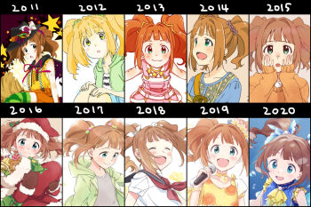 1girl :3 artist_progress blush brown_hair closed_eyes commentary_request demirinz dress flat_chest green_eyes halloween_costume hands_on_own_cheeks hands_on_own_face holding holding_microphone idolmaster idolmaster_(classic) looking_at_viewer medium_hair microphone multiple_views orange_hair santa_costume school_uniform serafuku smile starpiece_memories_(idolmaster) sweater takatsuki_yayoi ten_year_artist_progress_record twintails upper_body