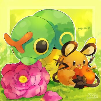absurdres animal_focus apple artist_name black_eyes brown_eyes bug caterpie check_commentary colored_sclera commentary_request dated dedenne flower food fruit gen_1_pokemon gen_6_pokemon highres holding mag_cocoa nintendo no_humans pink_flower pokemon pokemon_(creature) smile yellow_sclera