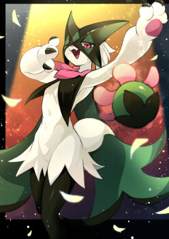 1girl animal_hands animal_nose arm_up body_fur breasts cat_paws claws furry furry_female green_fur green_hair haruka_(akurahiharuka) highres looking_at_viewer mask meowscarada nintendo one_eye_closed open_mouth pink_eyes pokemon pokemon_(creature) solo tail two-tone_fur