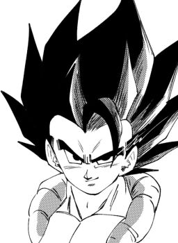 1boy dragon_ball dragon_ball_super dragon_ball_super_broly ein11829816 gogeta greyscale halftone male_focus medium_hair monochrome muscular muscular_male simple_background solo spiked_hair upper_body white_background