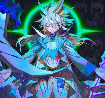 2boys alien_888 antenna_hair armor behind_another belt_pouch blonde_hair blue_hair claws closed_eyes coat colored_sclera crying crying_with_eyes_open energy_ring facial_mark facing_another facing_viewer green_eyes green_halo hair_slicked_back halo highres injury interlocked_fingers kuaidul_velgear long_sleeves male_focus multiple_boys open_hands outdoors outstretched_arms own_hands_together pouch red_sclera scared shoulder_armor shoulder_pads sleeves_past_wrists smile spiked_hair streaming_tears tears veil white_coat yu-gi-oh! yu-gi-oh!_go_rush!! yudias_velgear