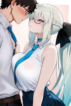 1boy 1girl absurdres bamboo_tac belt black_bow black_hair black_pants black_skirt blue_eyes blush bow braid breasts collared_shirt commentary_request fate/grand_order fate_(series) fujimaru_ritsuka_(male) glasses grey_hair hair_bow highres large_breasts long_hair long_sleeves morgan_le_fay_(fate) necktie pants ponytail shirt short_hair sidelocks skirt sleeveless sleeveless_shirt textless_version very_long_hair white_shirt