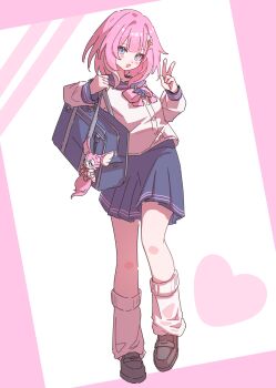 1girl absurdres bag blue_eyes blue_skirt breasts brown_shoes character_charm charm_(object) cyrene_(honkai:_star_rail) dress hair_ornament hashtag highres honkai:_star_rail honkai_(series) leggings multicolored_hair neneneneko official_alternate_costume open_mouth pink_hair pleated_dress school_uniform serafuku shoes short_hair shoulder_bag skirt small_breasts solo two-tone_hair v white_hair white_leggings white_serafuku