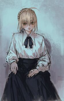 1girl ahoge artoria_pendragon_(fate) blonde_hair collared_shirt fate/stay_night fate_(series) green_eyes highres inai_the_maid looking_at_viewer shirt sitting sketch skirt solo