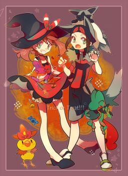 &gt;_&lt; 1boy 1girl adapted_costume alternate_color animal_ears auko biting black_hat black_scarf black_shoes black_shorts bow brendan_(pokemon) candy checkerboard_cookie chocolate chocolate_bar claw_pose closed_eyes commentary_request cookie dress drooling english_text eyelashes fake_animal_ears fake_tail fang food full_body gen_3_pokemon gingerbread_man green_eyes halloween hat holding holding_candy holding_food lollipop may_(pokemon) medium_hair mouth_drool mudkip nintendo on_head open_mouth pokemon pokemon_(creature) pokemon_on_head pokemon_on_leg pokemon_oras poochyena red_bow red_dress red_shirt scarf shiny_pokemon shirt shoes short_hair shorts sleeveless sleeveless_dress smile standing star_(symbol) starter_pokemon_trio tail teeth torchic treecko white_hat white_shoes witch_hat wrapped_candy |_|