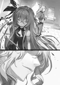 1boy 1girl :&lt; armlet belt bow bowtie buta_koushaku chair close-up closed_eyes closed_mouth clothing_cutout cowboy_shot crossed_bangs curtains dress faceless faceless_male floor gloves greyscale hair_between_eyes hair_bow half-jacket hand_on_own_hip hand_up highres indoors jacket jewelry long_hair long_sidelocks loony_blow monochrome multiple_views nanatrij_(buta_koushaku) nauribon non-web_source novel_illustration official_art open_hand pants parted_lips ponytail portrait profile sidelocks sleeveless sleeveless_dress smile standing stomach_cutout tile_floor tiles upper_body v-shaped_eyebrows very_long_hair very_long_sidelocks window