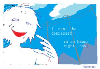 1other :d bad_anatomy bad_hands blue_sky border cloud cloudy_sky cuptoast day empty_eyes english_text from_below grin half-closed_eye hand_up messy_hair open_mouth original outdoors power_lines short_hair sky smile solo utility_pole white_border