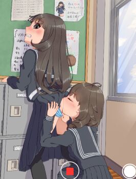2girls artist_request ass black_hair blush camera classroom clothes_lift embarrassed flat_chest from_behind loli multiple_girls original panties panty_pull pov school_uniform serafuku skirt skirt_lift smelling tagme thighs underwear yuri