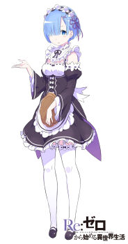 1girl absurdres apron bare_shoulders black_dress black_ribbon black_shoes blue_eyes blue_hair blush bow breasts cleavage collar commentary_request copyright_name detached_collar detached_sleeves dress english_text frilled_apron frills full_body hair_ornament hair_over_one_eye hair_ribbon hand_up highres holding holding_tray looking_at_viewer maid maid_apron maid_headdress mary_janes medium_breasts official_art ootsuka_shin&#039;ichirou open_hand parted_lips puffy_sleeves purple_ribbon re:zero_kara_hajimeru_isekai_seikatsu rem_(re:zero) ribbon ribbon-trimmed_clothes ribbon_trim roswaal_mansion_maid_uniform shoes short_dress short_hair simple_background sleeveless sleeveless_dress solo standing tachi-e tareme thighhighs title tray waist_apron white_apron white_background white_bow white_collar white_thighhighs x_hair_ornament