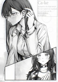 Rule 34 | 2girls, bang dream!, bang dream! it's mygo!!!!!, blush, breasts, choker, clutching chest, commentary, dress shirt, earrings, glasses, greyscale, jacket, jewelry, long hair, medium breasts, mole, mole under eye, monochrome, multiple girls, open mouth, paperca-ke, shiina taki, shirt, tucking hair, watermark, yahata umiri, yuri