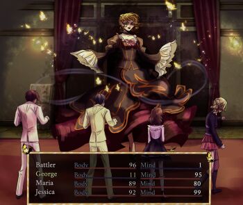 2boys 3girls beatrice_(umineko) black_dress black_hair black_lips blonde_hair blue_eyes boss_fight bow breasts brown_hair character_name dress fear_&amp;_hunger_(series) formal_clothes gold_trim golden_butterfly hashtag-only_commentary health_bar highres in-universe_location indoors large_breasts layered_dress long_dress multiple_boys multiple_girls pants parody pink_bow red_hair sidelocks standing style_parody suit tvar_ne_spit umineko_no_naku_koro_ni ushiromiya_battler ushiromiya_george ushiromiya_jessica ushiromiya_maria white_pants white_suit yellow_pants yellow_suit