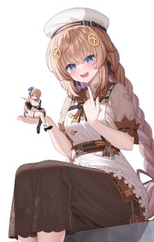 +_+ 2girls absurdres apron blue_eyes blush braid braided_ponytail brown_dress brown_hair brown_skirt choco_(neural_cloud) commentary dress drooling fal_(girls&#039;_frontline) feet_out_of_frame fnc_(girls&#039;_frontline) giant giantess girls&#039;_frontline girls&#039;_frontline_neural_cloud hair_ornament hairclip hat highres long_hair long_skirt looking_at_another maid_apron mouth_drool multiple_girls open_mouth pointing pointing_at_self rynzfrancis sailor_hat short_sleeves simple_background sitting sitting_on_hand skirt very_long_hair white_apron white_background white_hair