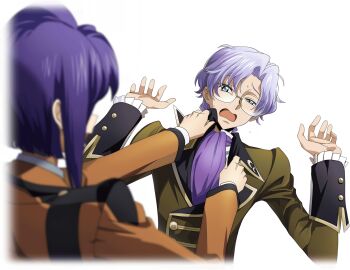 1boy 1girl adjusting_another's_clothes artist_request ascot blue_eyes blue_hair blurry blurry_foreground cecile_croomy code_geass code_geass:_lost_stories cropped_torso formal_clothes frilled_jacket frilled_sleeves frills game_cg glasses green_jacket hair_intakes half-closed_eye hands_up hetero highres jacket lloyd_asplund long_sleeves looking_at_another military_uniform nervous non-web_source official_art open_mouth orange_jacket purple_ascot purple_hair semi-rimless_eyewear shirt short_hair sidelocks simple_background solo_focus standing sweat transparent_background uneven_eyes upper_body white_shirt
