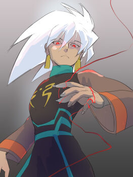 1boy cowboy_shot earrings grey_background jewelry looking_at_viewer male_focus medium_hair mega_man_(series) mega_man_star_force_(series) red_eyes simple_background solo solo_(mega_man) tumitumi white_hair