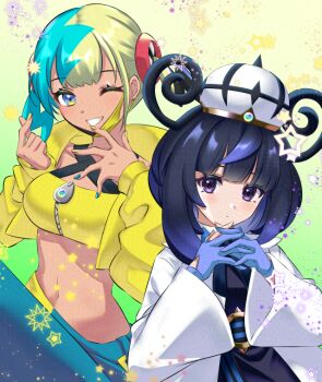 2girls ;d bandeau black_dress black_hair blonde_hair blue_gloves blue_hair blue_nails blush breasts canari_(pokemon) chromatic_aberration closed_mouth coat commentary_request cropped_jacket dark-skinned_female dark_skin dress eyelashes finger_heart gloves grin gwynn_(pokemon) hat jacket kakiko210 long_sleeves looking_at_viewer mask_pull multicolored_hair multicolored_nails multiple_girls navel nintendo one_eye_closed open_clothes open_coat open_jacket open_mouth partially_fingerless_gloves pokemon pokemon_legends:_z-a purple_eyes purple_hair short_hair smile split-color_hair star_(symbol) teeth two-tone_nails upper_body white_coat wide_sleeves yellow_bandeau yellow_jacket yellow_nails