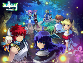 10s 4boys 5girls animal_ears blonde_hair blue_eyes blue_hair boots bow braid breasts buffalo_(trickster) bunny_(trickster) cat_(trickster) cat_ears dragon_(trickster) fang fox_(trickster) fox_ears frills glasses high_heels horns lion_(trickster) multiple_boys multiple_girls navel pink_hair pleated_skirt purple_eyes purple_hair rabbit_ears raccoon_(trickster) raccoon_ears red_eyes red_hair sheep_(trickster) shoes short_shorts shorts skirt small_breasts thighhighs trickster_(ntreev_soft)