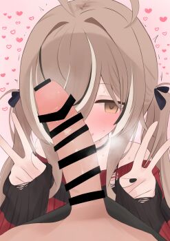 1boy 1girl absurdres ahoge bar_censor black_hair black_nails blush brown_eyes brown_hair censored commentary_request double_v heart highres hololive hololive_english long_hair long_sleeves multicolored_hair nail_polish nanashi_mumei nanashi_mumei_(emo) official_alternate_costume official_alternate_hairstyle oyashiro_ooo pink_background pov sweatdrop twintails v virtual_youtuber