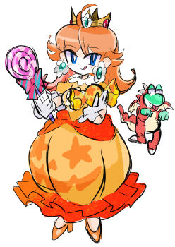 1girl absurdres blue_eyes brown_hair candy colored_skin dress earrings flower_earrings food gloves green_skin halloween halloween_costume highres holding holding_candy holding_food holding_lollipop jewelry lollipop long_hair looking_at_viewer mario_(series) nintendo orange_dress orange_shoes princess_daisy princess_daisy_(halloween) rakugaki_shitagari-ya shoes simple_background smile white_background white_gloves yoshi