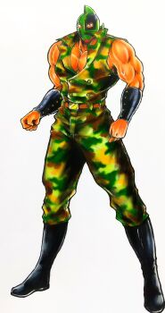 Rule 34 | 1boy, absurdres, bare shoulders, boots, clenched hands, full body, helmet, highres, kinniku ataru, kinnikuman, kinnikuman soldier, large pectorals, looking at viewer, manly, military, military uniform, muscular, pectorals, simple background, solo, standing, veins, wrestling, wrestling mask, wrestling outfit
