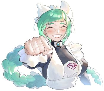 1girl anipoke_uruto apron braid clenched_hand closed_eyes cropped_torso dirty green_hair grin highres incoming_fist_bump lebanne_(pokemon) long_hair maid_apron maid_headdress nintendo piercing_hole pokemon pokemon_legends:_z-a single_braid smile white_background