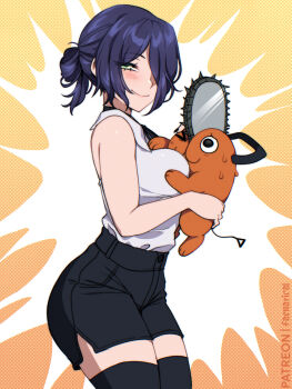 1girl animal black_skirt black_thighhighs blush breasts chainsaw_man closed_mouth commentary eyebrows_hidden_by_hair faenatical from_side green_eyes hair_between_eyes hair_over_one_eye highres holding holding_animal lips looking_at_viewer medium_breasts nervous_sweating pochita_(chainsaw_man) purple_hair reze_(chainsaw_man) shirt short_hair skirt sleeveless sleeveless_shirt smile solo sweat sweatdrop thighhighs white_shirt
