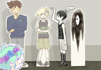 ... 2boys antenna_hair arm_up basil_(faraway)_(omori) basil_(headspace)_(omori) basil_(omori) black_eyes black_hair black_socks blush cardboard_cutout closed_eyes collarbone colored_skin dual_persona flower flower_wreath green_hair head_wreath hero_(faraway)_(omori) hero_(omori) highres indoors kneehighs male_focus multiple_boys omori omori_(omori) open_mouth short_hair shorts smile socks something_(omori) speech_bubble spoken_ellipsis striped_clothes striped_shorts sun_iiinu sweatdrop thought_bubble tiptoes vertical-striped_clothes vertical-striped_shorts white_shorts white_skin