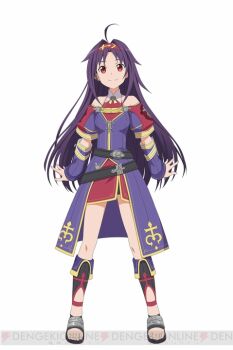 10s 1girl ahoge bare_shoulders belt detached_sleeves female_focus full_body hairband long_hair purple_hair red_eyes red_skirt simple_background skirt smile solo sword_art_online sword_art_online:_hollow_realization watermark white_background yuuki_(sao)