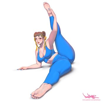 Rule 34 | 1girl, ass, barefoot, breasts, brown eyes, brown hair, cameltoe, capcom, chun-li, cleavage, cleft of venus, double bun, feet, hair bun, leggings, midriff, pinkdrawz, soles, solo, street fighter, thick thighs, thighs