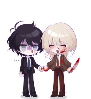 2boys :d akinashi_haru arms_at_sides black_hair black_jacket black_pants black_suit blonde_hair blood blood_on_face blood_on_hands bloody_knife blue_necktie brown_cardigan brown_pants cardigan chibi circle_hands closed_eyes collared_shirt crying dottore_chan0w0 dress_shirt formal_clothes full_body gloom_(expression) heart holding holding_hands holding_knife jacket knife multiple_boys necktie open_mouth pants red_necktie saihate_eki shirt shoes smile standing suit tatsunami_shion white_shirt